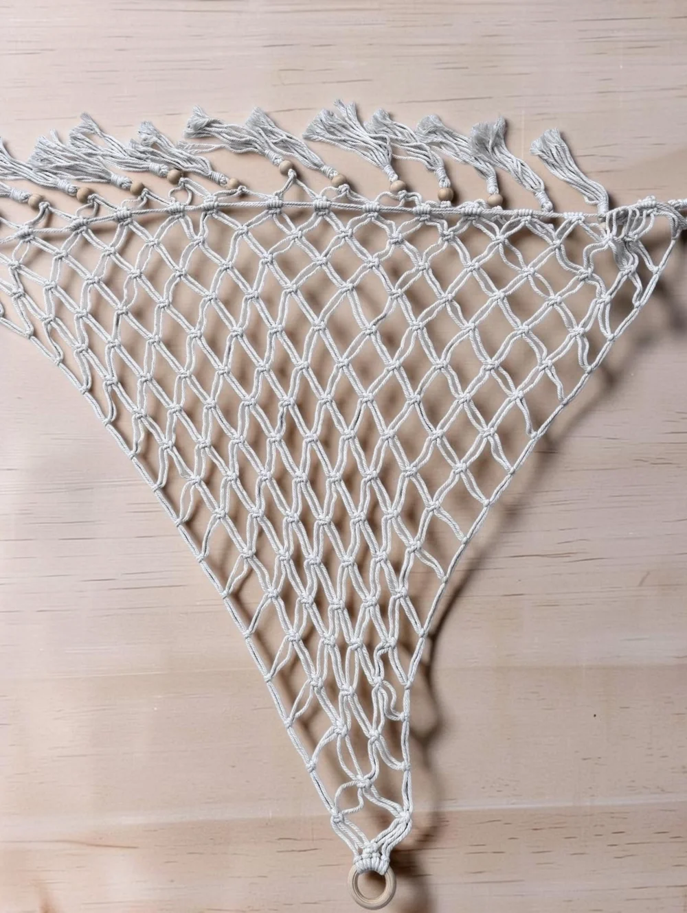 Handmade Boho 1970s Macramé Triangle Wall Hanging with Wooden Rings and Tassels